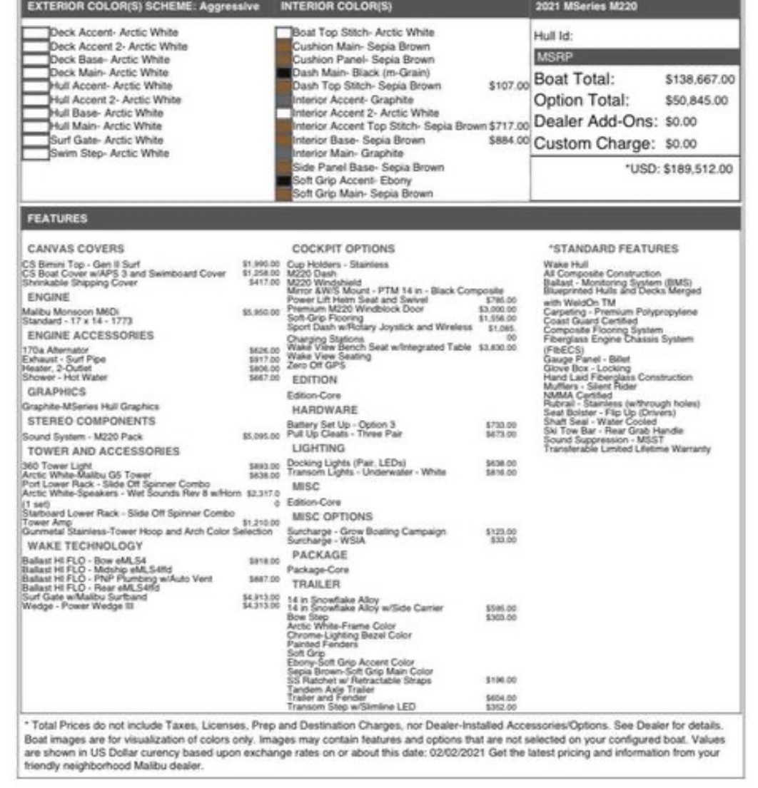 2021 Malibu M220 M6DI engine and upgraded trailer Icon