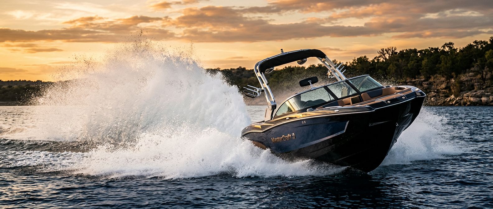 Wake boat carving through deep blue water at speed
